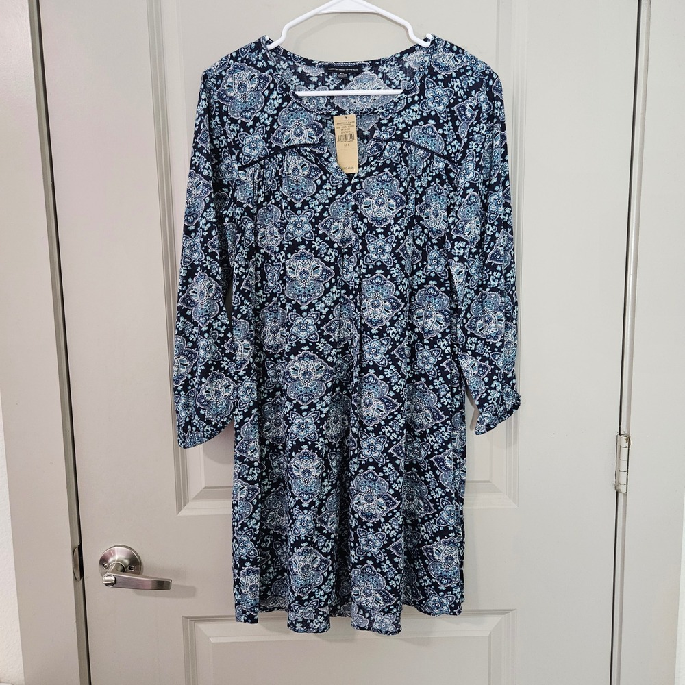 American Eagle Navy Blue Paisley Medallion Boho Shift Dress Small NWT NEW